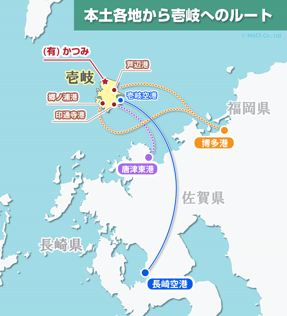 壱岐へのルートマップ。福岡と佐賀からは船で、長崎からは飛行機で行くことができます。